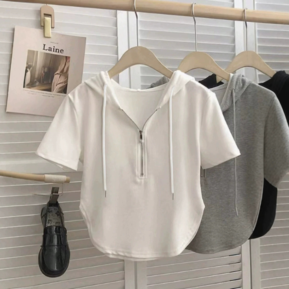 Zara White Cropped Hooded Tee Summer Loose